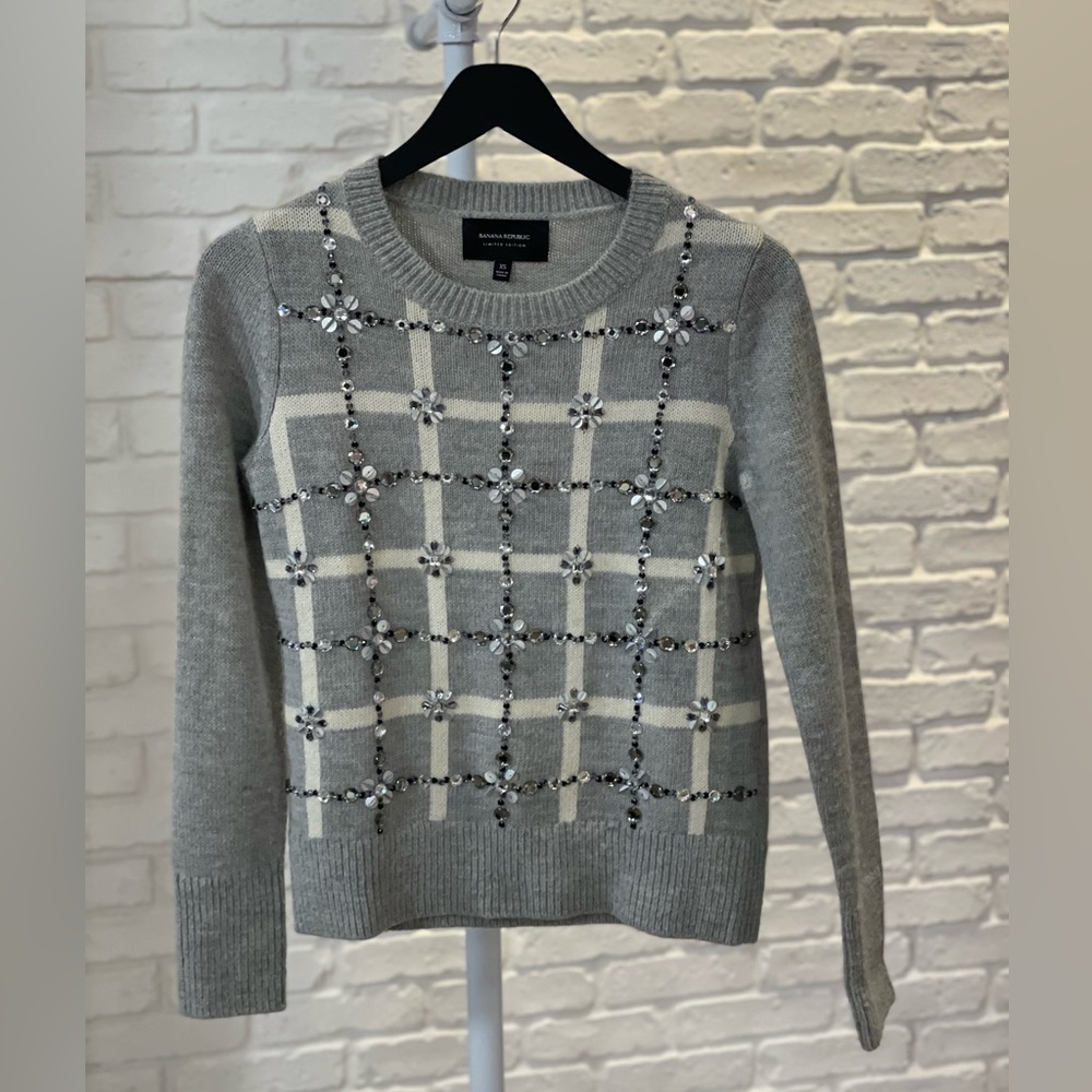 J. Crew Embellished Grey & White Sweater | XS